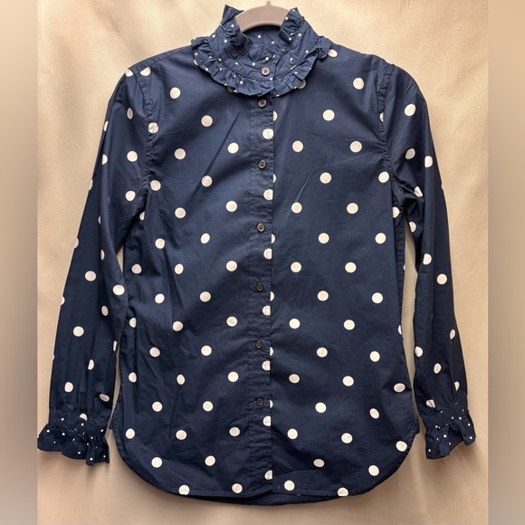 J. Crew Tops - J. Crew Classic-Fit Ruffleneck Button Up Mixed Dots Blue White Polka Dot 00